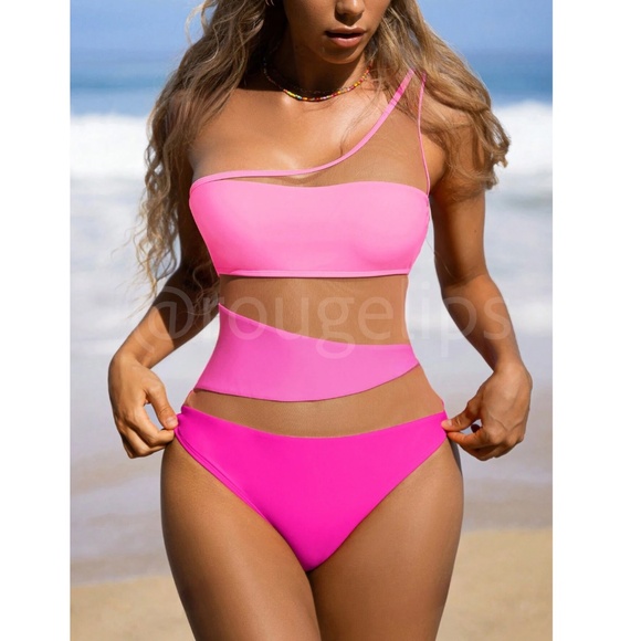 Pink Ombre Mesh Insert One Piece Monokini Swimsuit - Picture 4 of 6